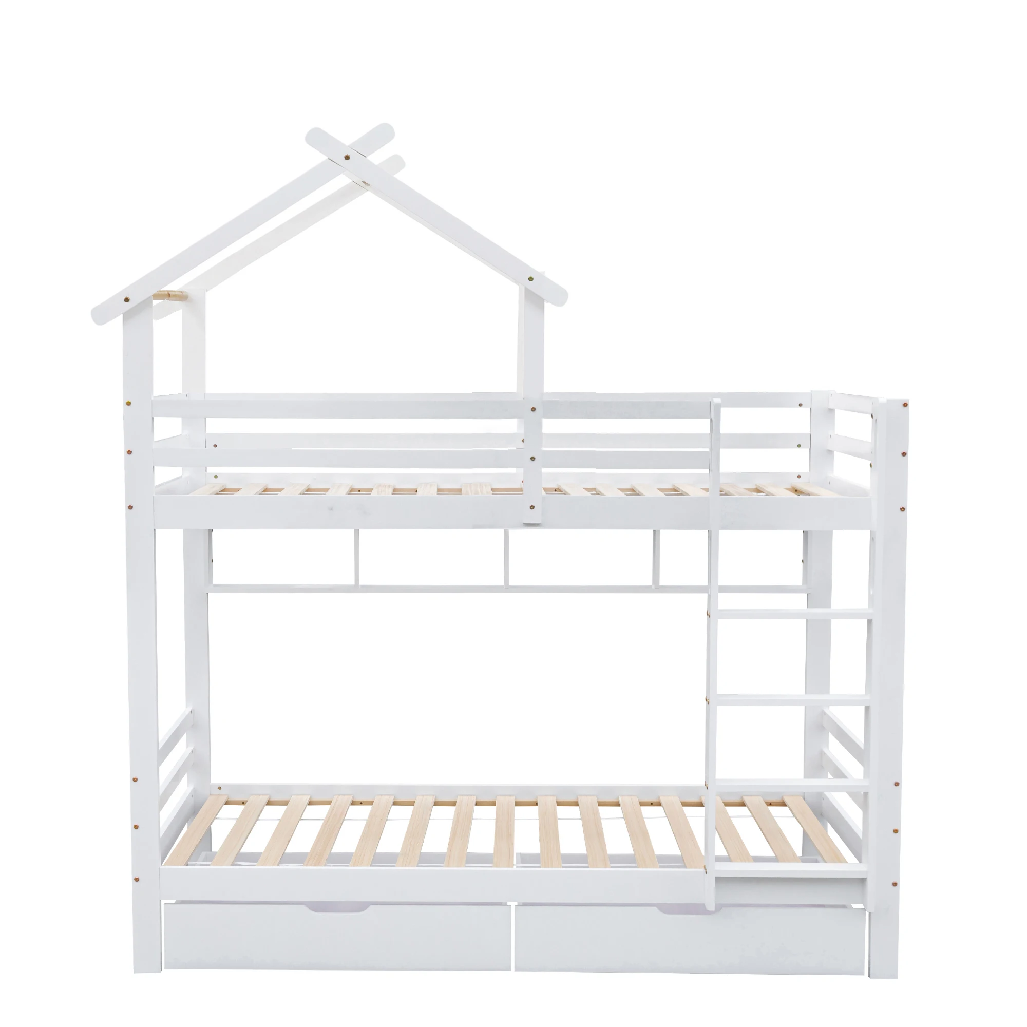 Etagenbett mit Schubladen und Regalen, Hausbett mit dreistufiger rechtwinkliger Leiter, Kinderbett mit Absturzsicherung und Geländer. – Detail 13