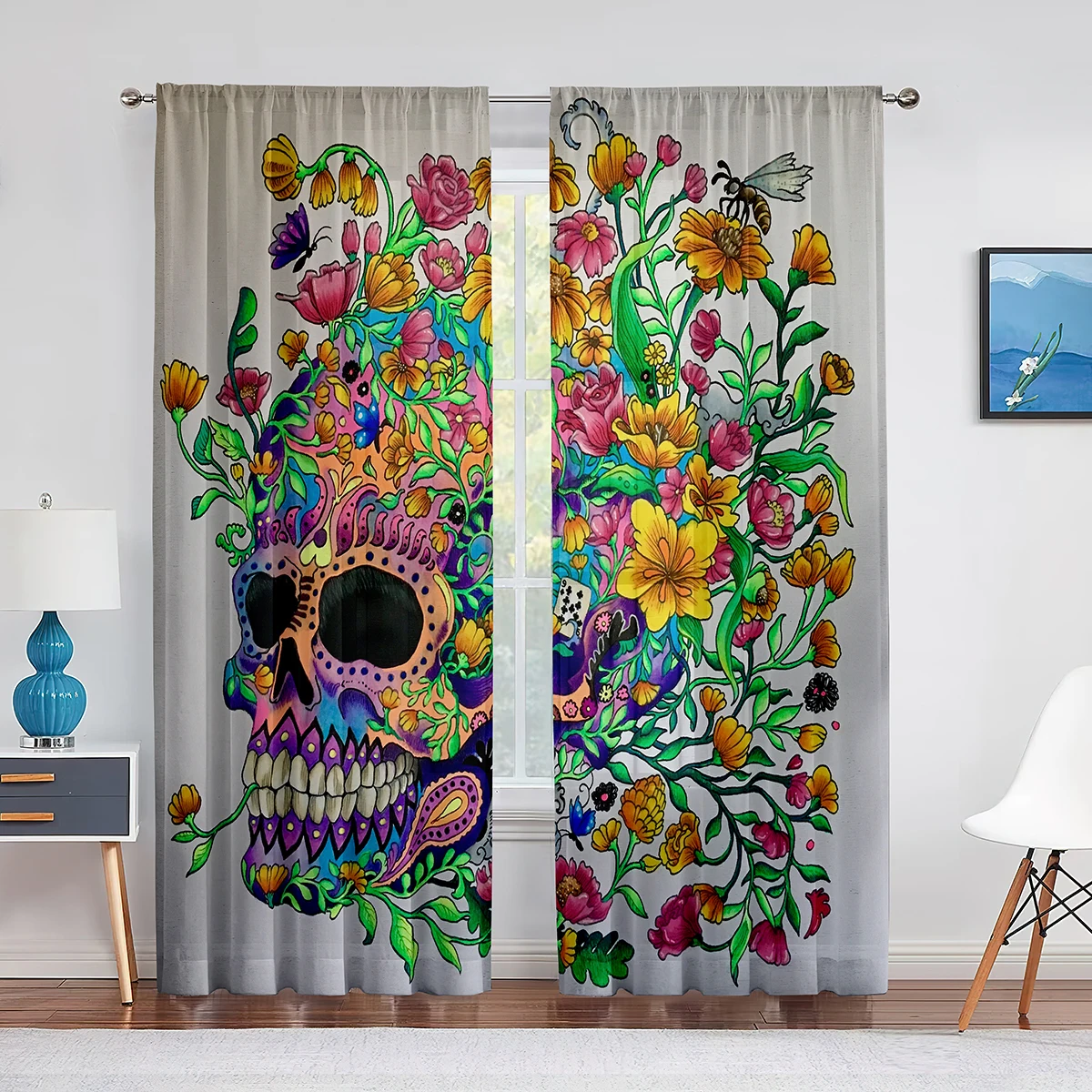 

Skull Floral Skeleton Colorful Flowers Sheer Voile Curtain for Living Room Bedroom Drape Kitchen Window Chiffon Tulle Curtain