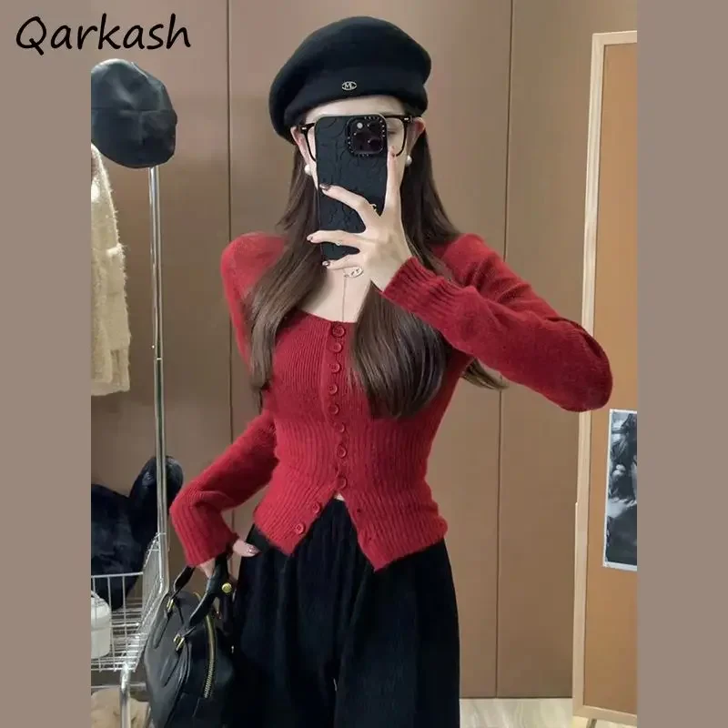 

Cardigans Women Skinny Square Collar Knitted Buttons Solid Slouchy Long Sleeve Sweaters Elegant Tops Popular Korean Style Ins