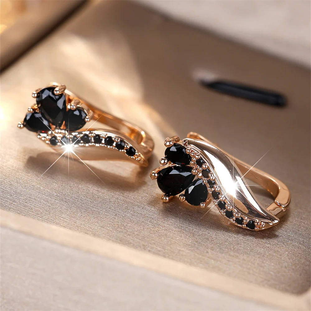 Antique Black Crystal Water Drop Stone Hoop Earrings For Women Vintage Gold Color Small Flower Ear Buckle Wedding Jewelry Gifts