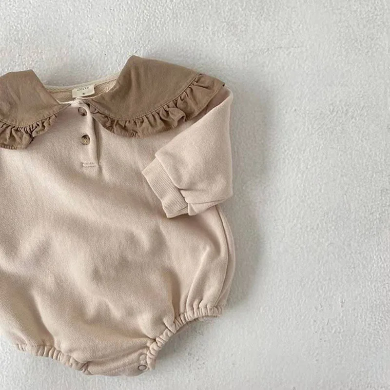 moda do bebê do vintage grande lapela bodysuit primavera novo infantil meninos menina manga longa macacão cor sólida roupas da criança