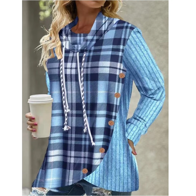 Autumn Winter Loose Casual Vintage Plaid Patchwork Hoodies Ladies Street Style Buttons Hooded Pullovers Women's All-match Top