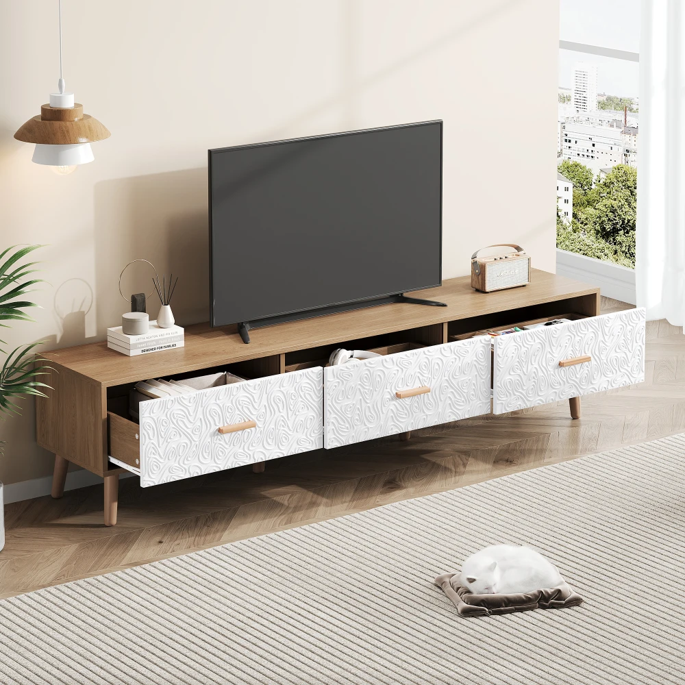 Vintage-TV-Ständer, TV-Schrank, TV-Tisch aus Holz – Wohnzimmer, Schlafzimmer, helles Holz, Vintage-Maserung, weiße Türverkleidung, 150 x 35 x 39 cm – Detail 11
