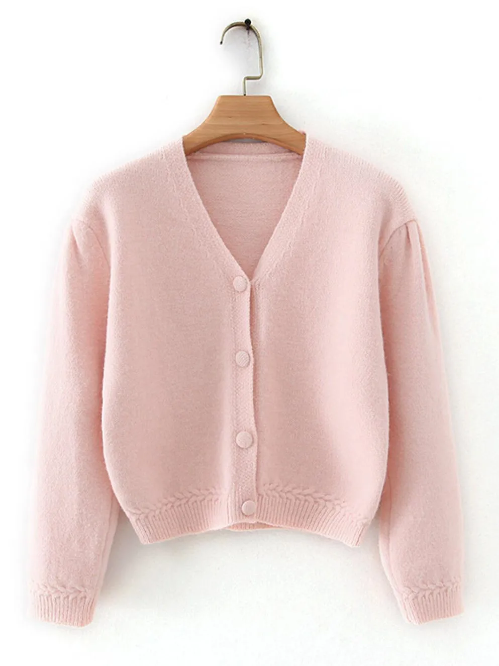 Retro Pink Center buttons Knitted Women Cardigan Gray Vintage French Puff Sleeve Cropped Sweaters Casual Jumper Knit