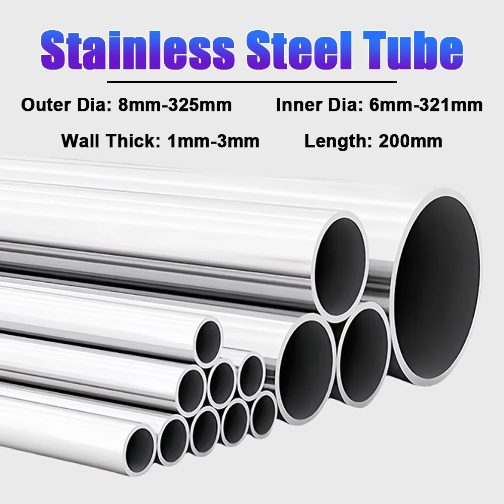 304 Stainless Steel Round Capillary 100mm 200mm 300mm Long Seamless Straight Tube Pipe Wall Thick 2mm 2.5mm 3mm OD 16-325mm 1pcs stainless steel tube