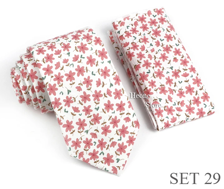 Neuheit Floral Baumwolle Herren Casual Krawatte Set Fit Hochzeit Party Grün Rosa Blau Krawatte Einstecktuch Romantisches Gravata Zubehör – Detail 29