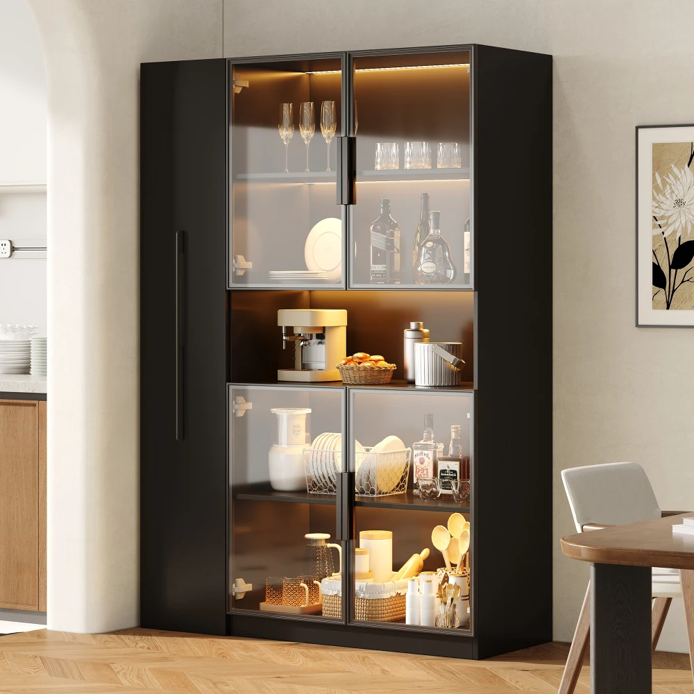 Wohnzimmer-Vitrine mit Ausziehbarem Regal – Doppelverglaste LED-Standschrank-Vitrine, MDF-Schrank, Glasvitrine & Aufbewahrungsschrank – Detail 17