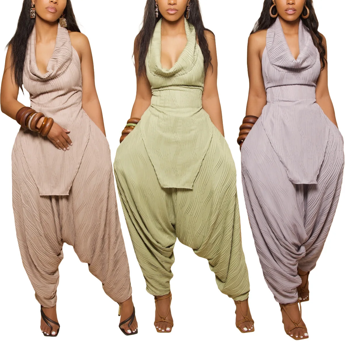 

Women Pleated Halter Neck Backless Bowknot Crop Top And Haren Loose Pants 2 Two Piece Set Summer beach vacation Outfits