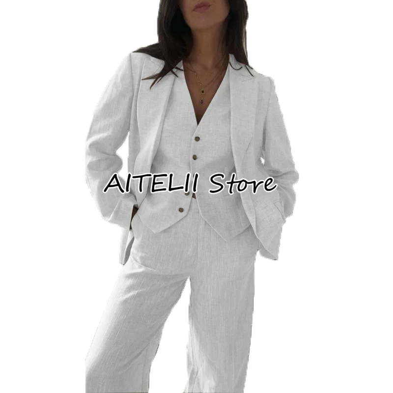 

Women's Suit Three-Piece Set Fashion Linen Solid Color Spike Collar Slim Fit Single Breasted Sleeveless V Neck Vest For Business