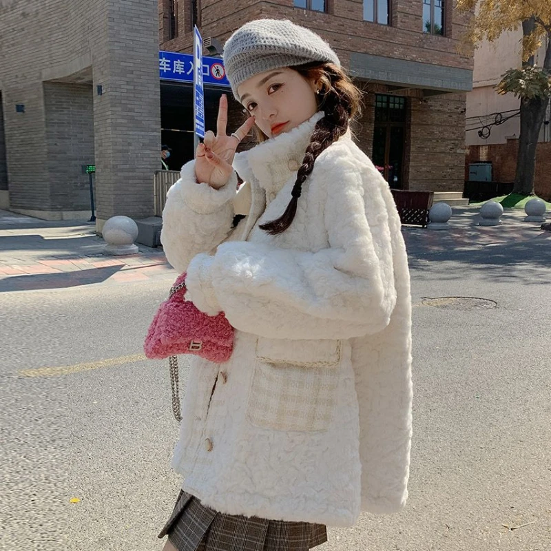 Women's Mid-Length Lamb Wool Coat, Thick, Stand Collar, Loose, Casual, White, Imitation Fur, Winter Outwear, Female Fashion, New