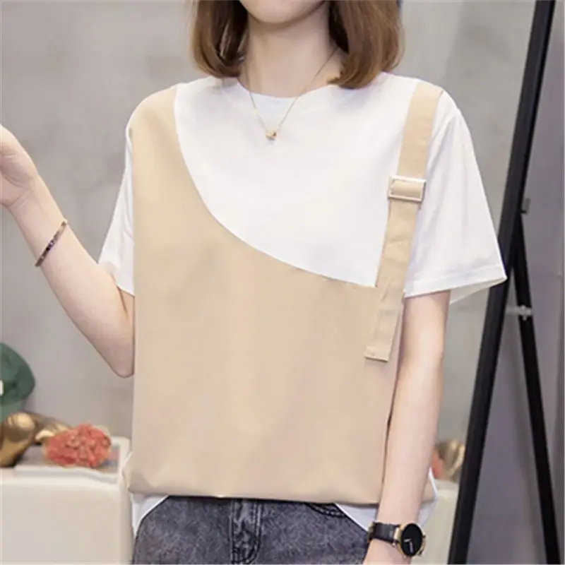 

Fashion Loose Spliced Fake Two Pieces Blouse Women's Clothing 2023 Summer New Oversized Casual Pullovers Tops Asymmetrical Shirt