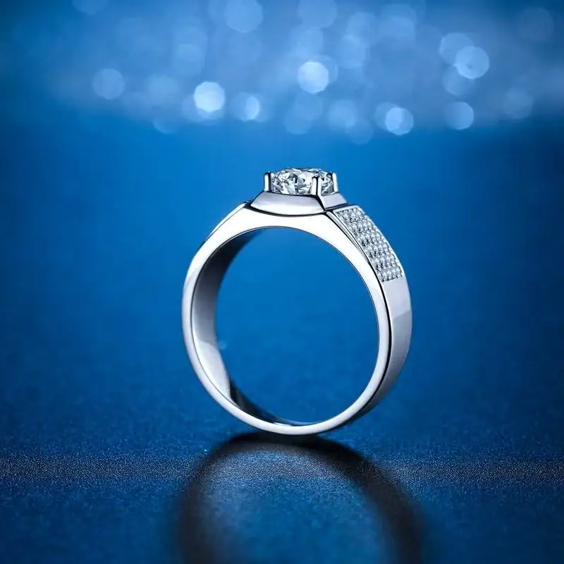Real Solid 925 Sterling Silver Men's Ring Plated 18K White Gold D color VVS1 Diamond 1-2 Carat Moissanite Rings Luxury Jewelry 4