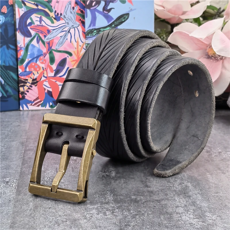 

Retro Heavy Brass Belt Buckle Hand Carved Genuine Leather Belt For Men Designer Luxury Mens Belt Leather Belt Male MBT0620