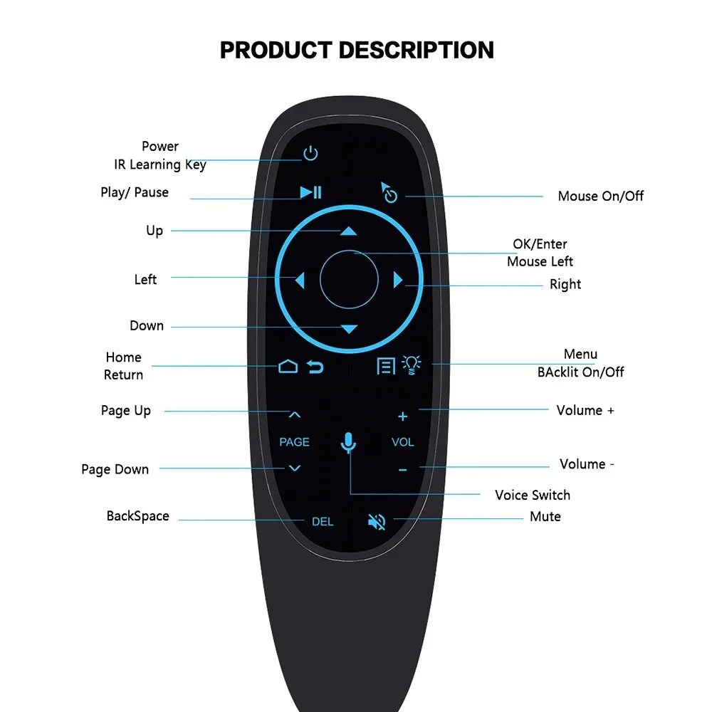 5.2, Mini teclado, voz, retroiluminado, controle remoto,