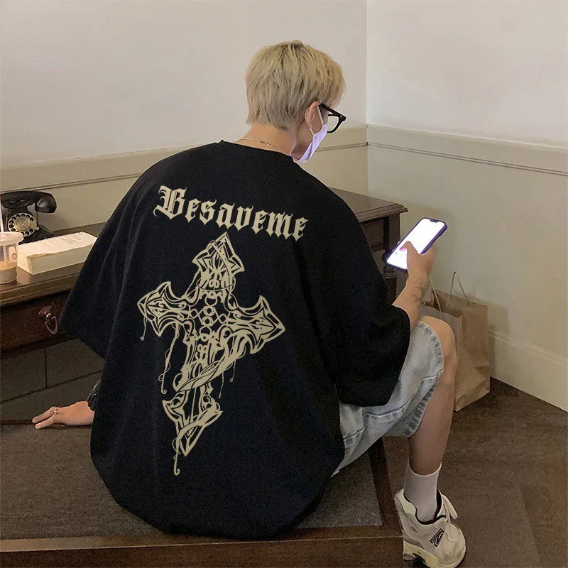 

American Vintage High Street Cross Short Sleeve Men's Plus Size Fat Plus Ins Hip Hop Half Sleeve T Shirt