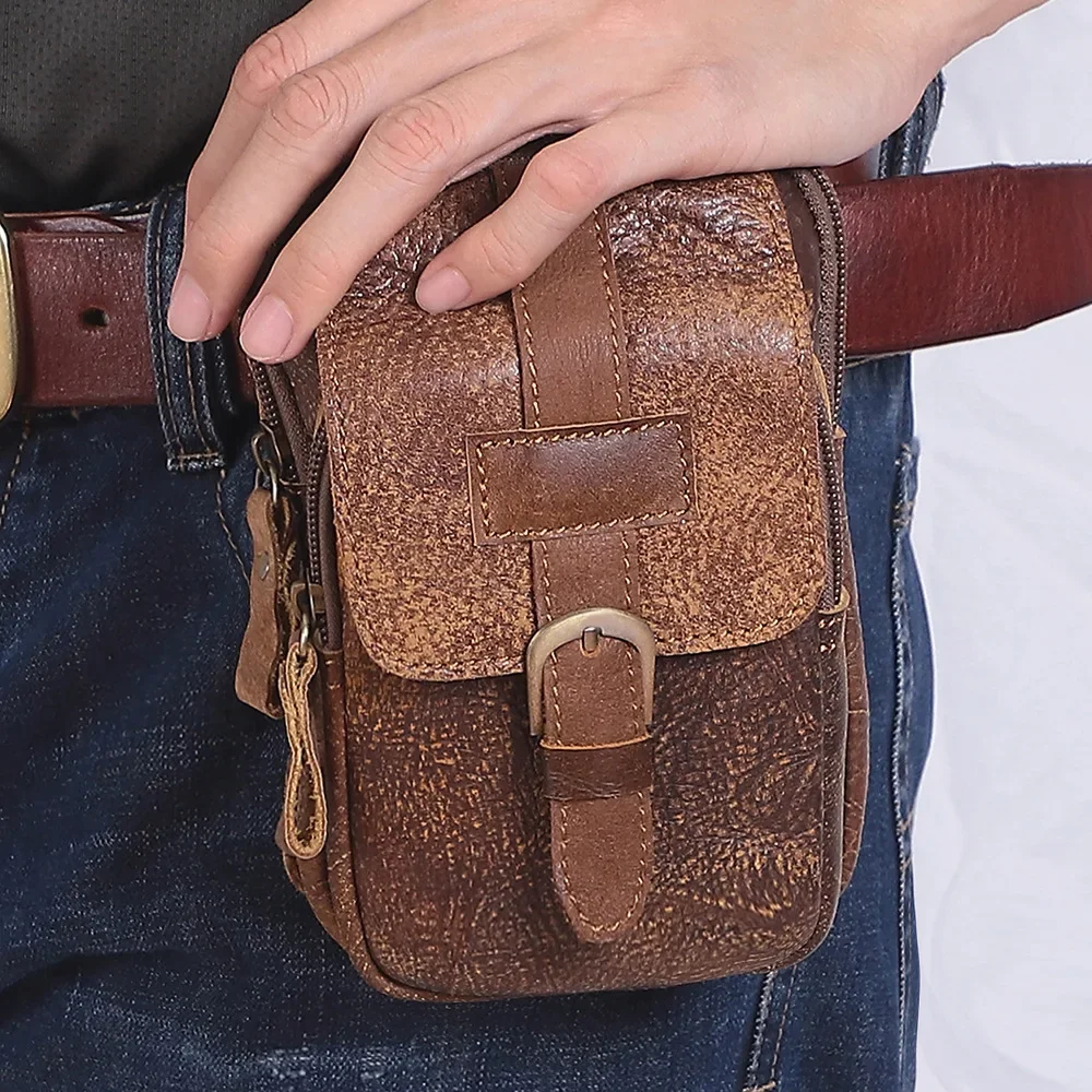 Retro Leather Waist Pack for Men, Outdoor Casual Belt Bag for Phone