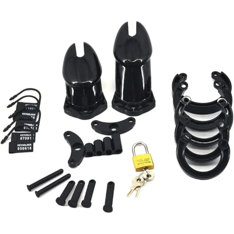 Penis Chastity Cage Plastic Locking Cock Cage with 5 Sizes Penis Rings BDSM Adult Sex Toy