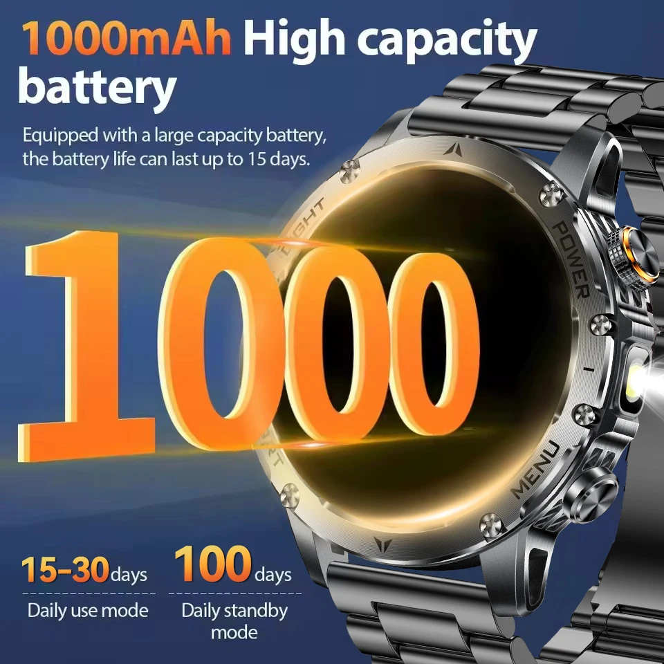 2025 New TANK T3 Military 1000mAh Battery Smart Watch Men AMOLED Sport Fitness LED Flashlight IP69K Waterproof Call Smartwatch