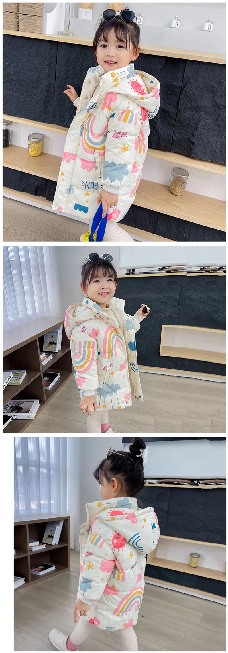 Winter Long Style Boys Girls Down Jackets Keep Warm Cotton Coat Autumn Hooded Windbreaker Outerwear for 2-7 Years Kids Clothes