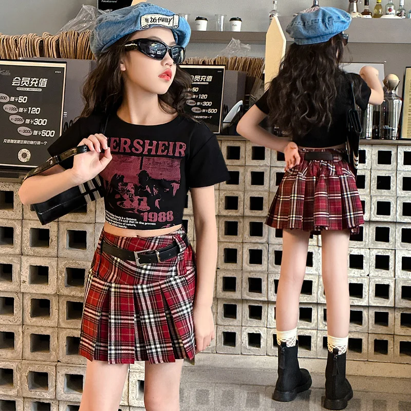 Summer Teen Girls skirt clothes Set cotton short Top+Print Check
