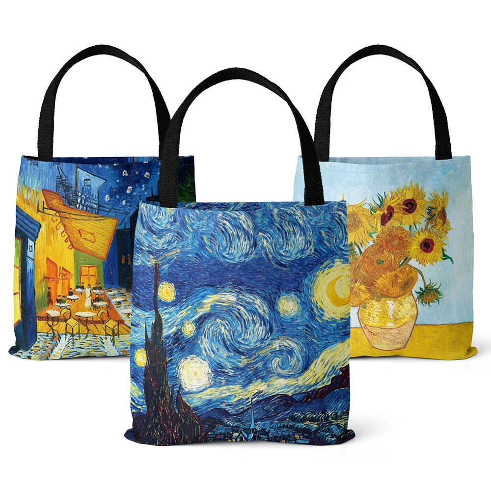 Van Gogh Series Linen Bag Oil Painting Starry Night Sunflower Apricot Flower Coffee Holder Handbag Lightweight Shoulder Bag