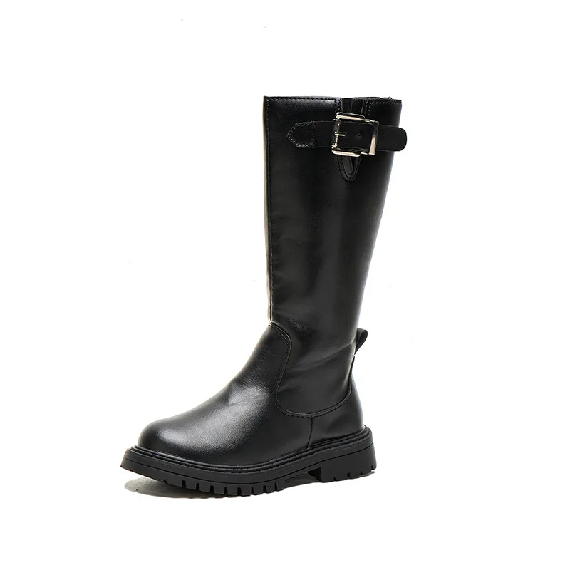 Kids'Boots 솔리드 컬러 버클 PU 가죽 패션 가을 무릎 높이 부츠 소녀용 미끄럼 방지 통기성 블랙 신발 사이즈 27-37