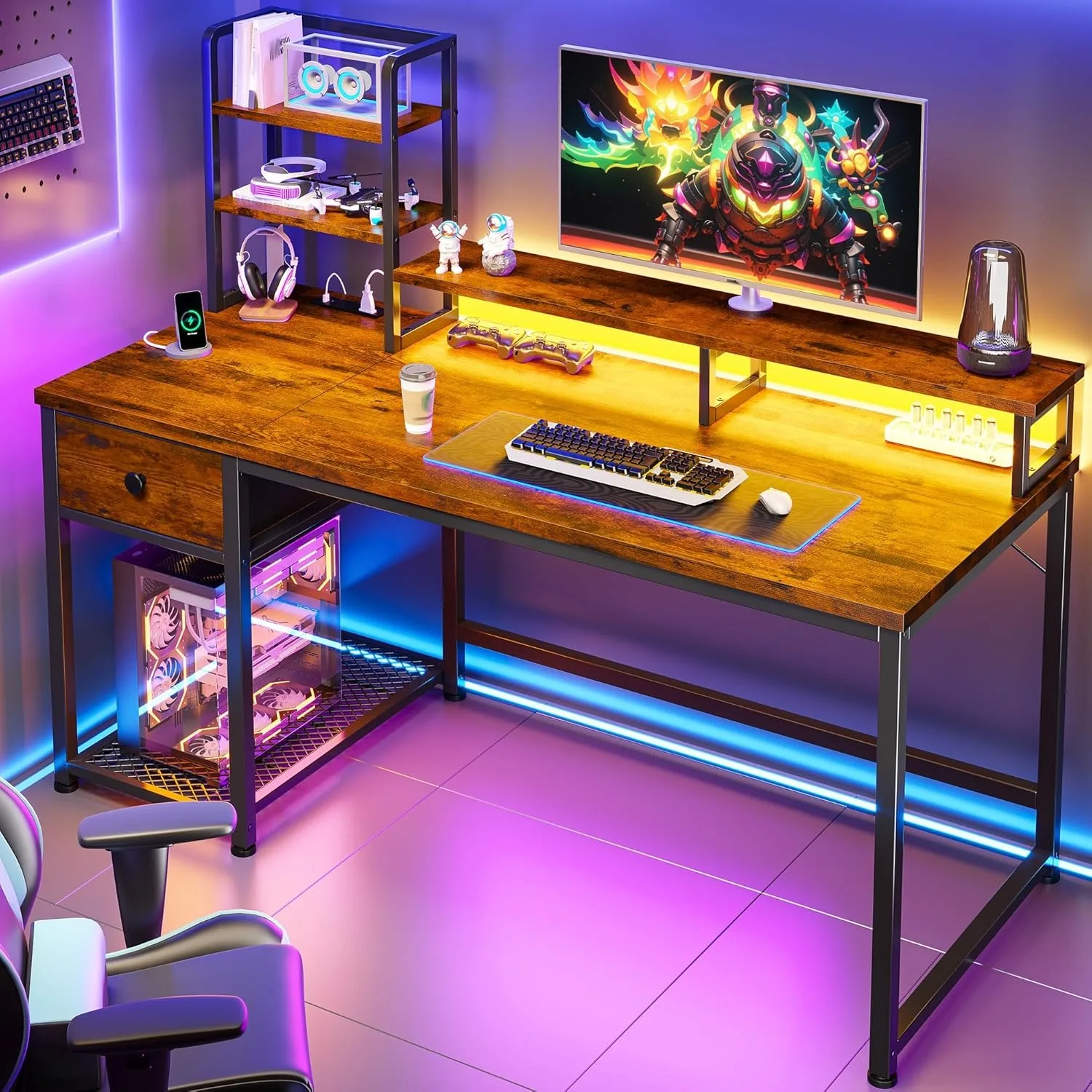 Computer Desk with Hutch and Drawers,Reversible Home Office Desk with Monitor Shelf, Gaming Desks with Power Outlets, Customized 2