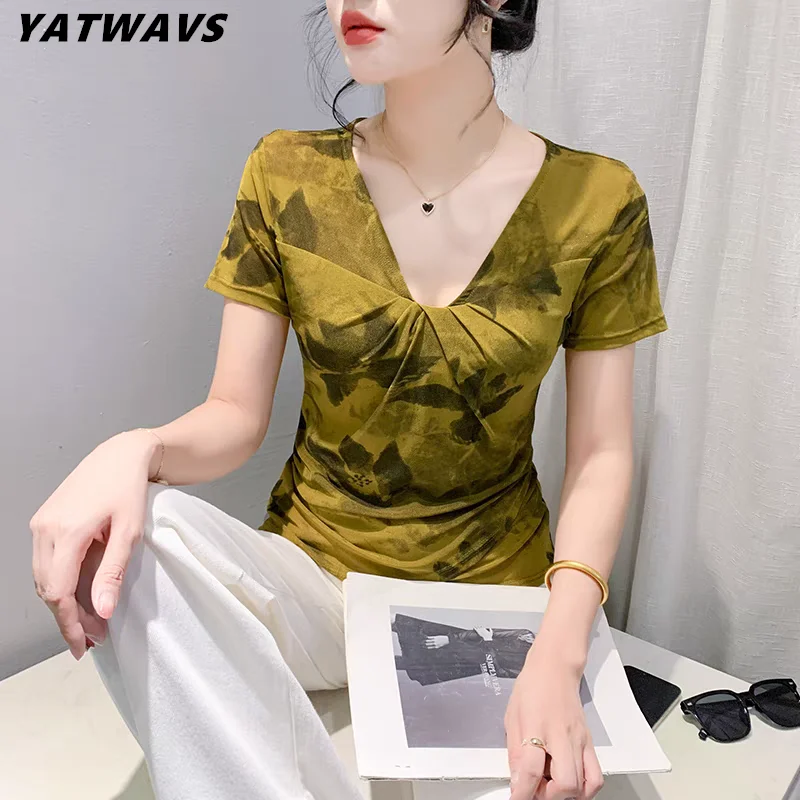 

Женская Сетчатая футболка с V-образным вырезом и коротким рукавом