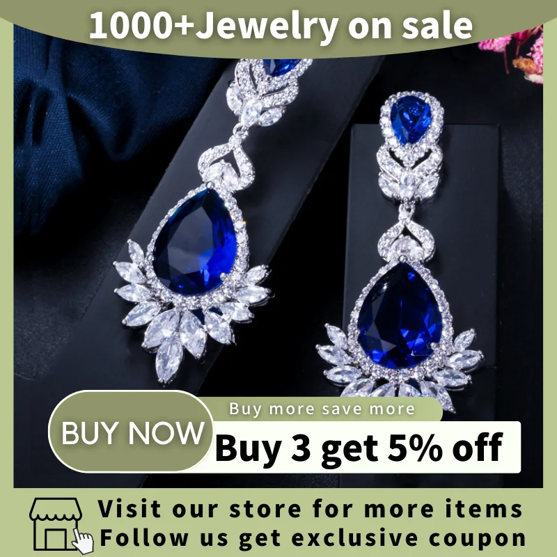 Dangle Earrings Luxury Royal Blue Water Drop CZ Crystal Women Wedding Long Bridal with Clear Cubic Zirconia E081