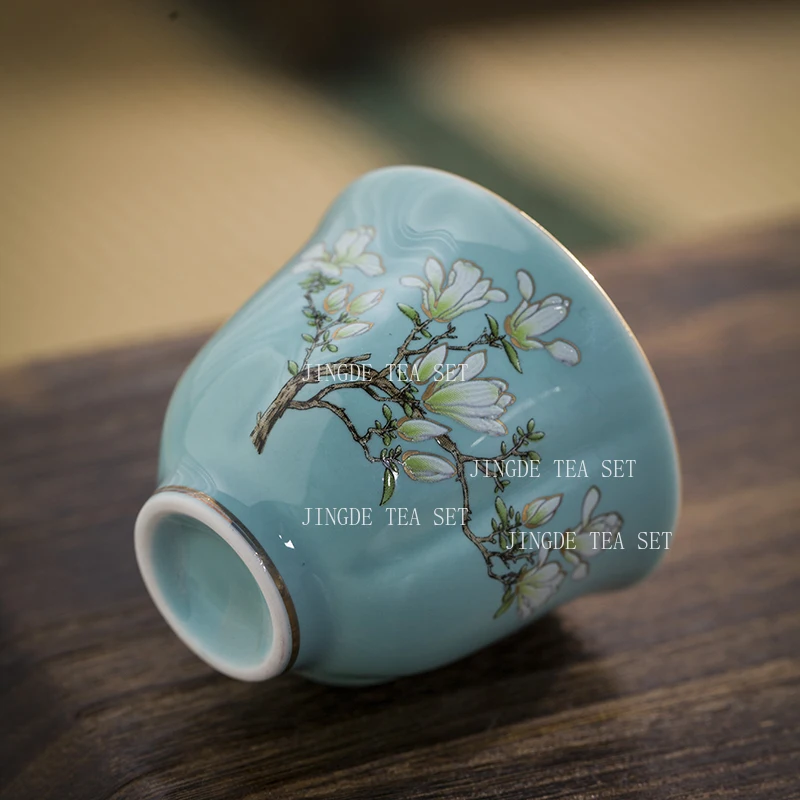 70ml Emerald Ceramic Tea Cup Jade Orchid Flower Inscribed Gold Tea Cup Household Chinese High-end Kung Fu Cup Drinking Utensils