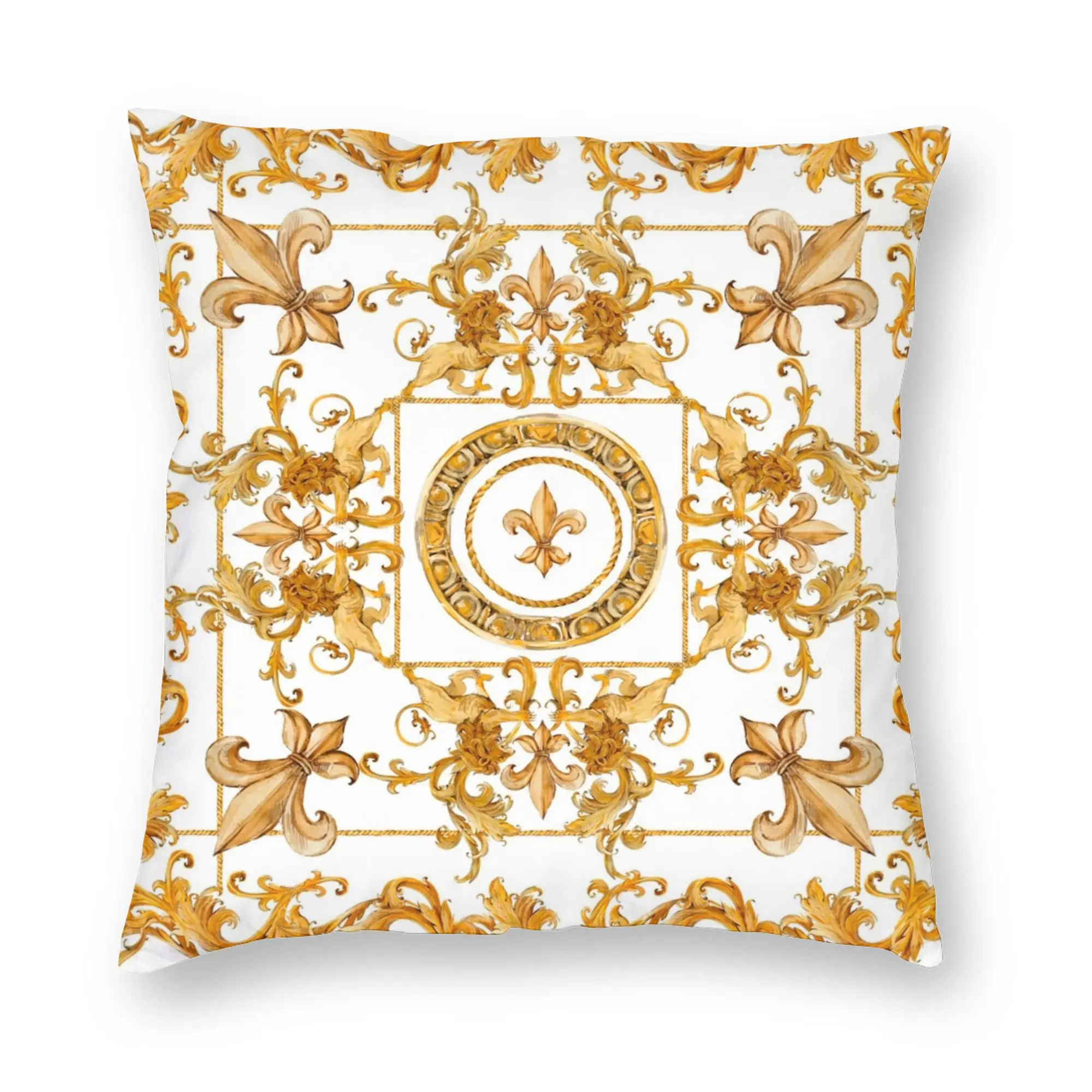 Elegant Baroque Gold Medallion Decorative Pillowcase - Luxurious Soft Fabric Cushion Cover