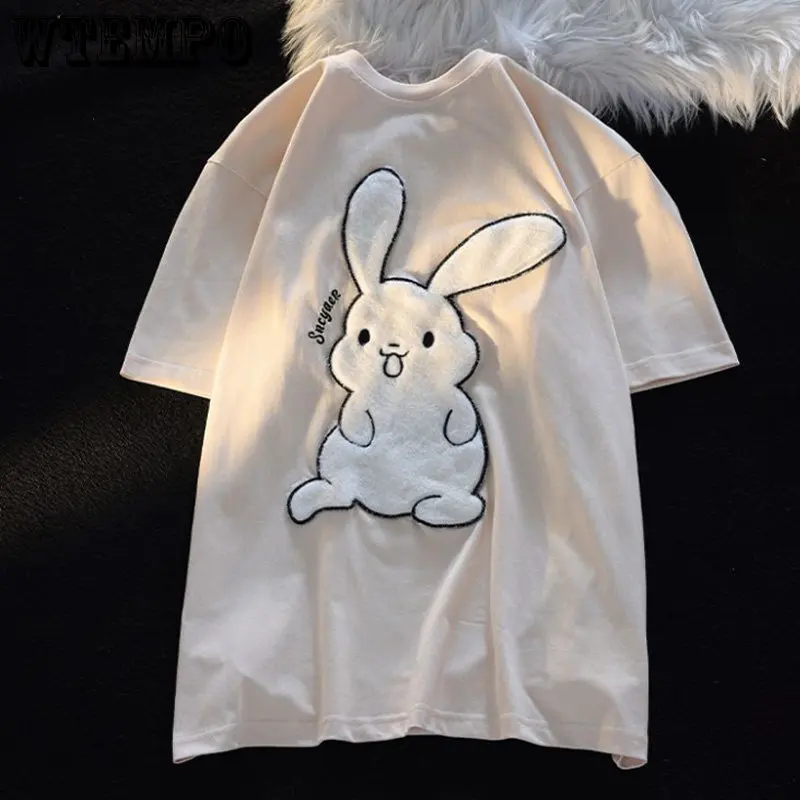 

WTEMPO Women Embroidered T-shirt Cute Rabbit Chic Versatile Top Summer Street Wear Short Sleeve T-shirt Casual Academy Style Top
