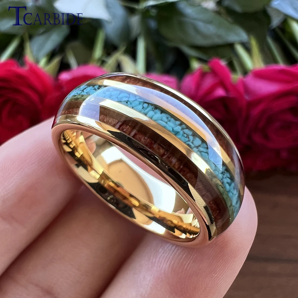 8MM Turquoise Ring Men Women Rose Color Tungsten Wedding
