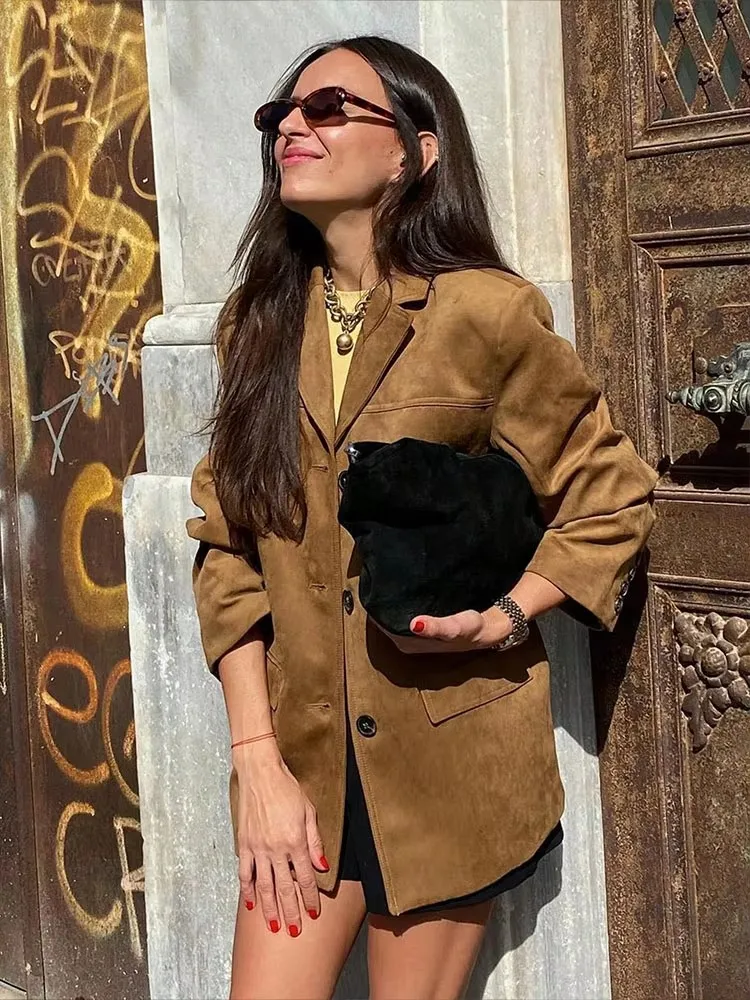 HH Autumn Jacket For Women Fashion Solid Suede Blazer Coat Long Sleeve Buttons Jackets Loose Casual Female Outfit Outwear