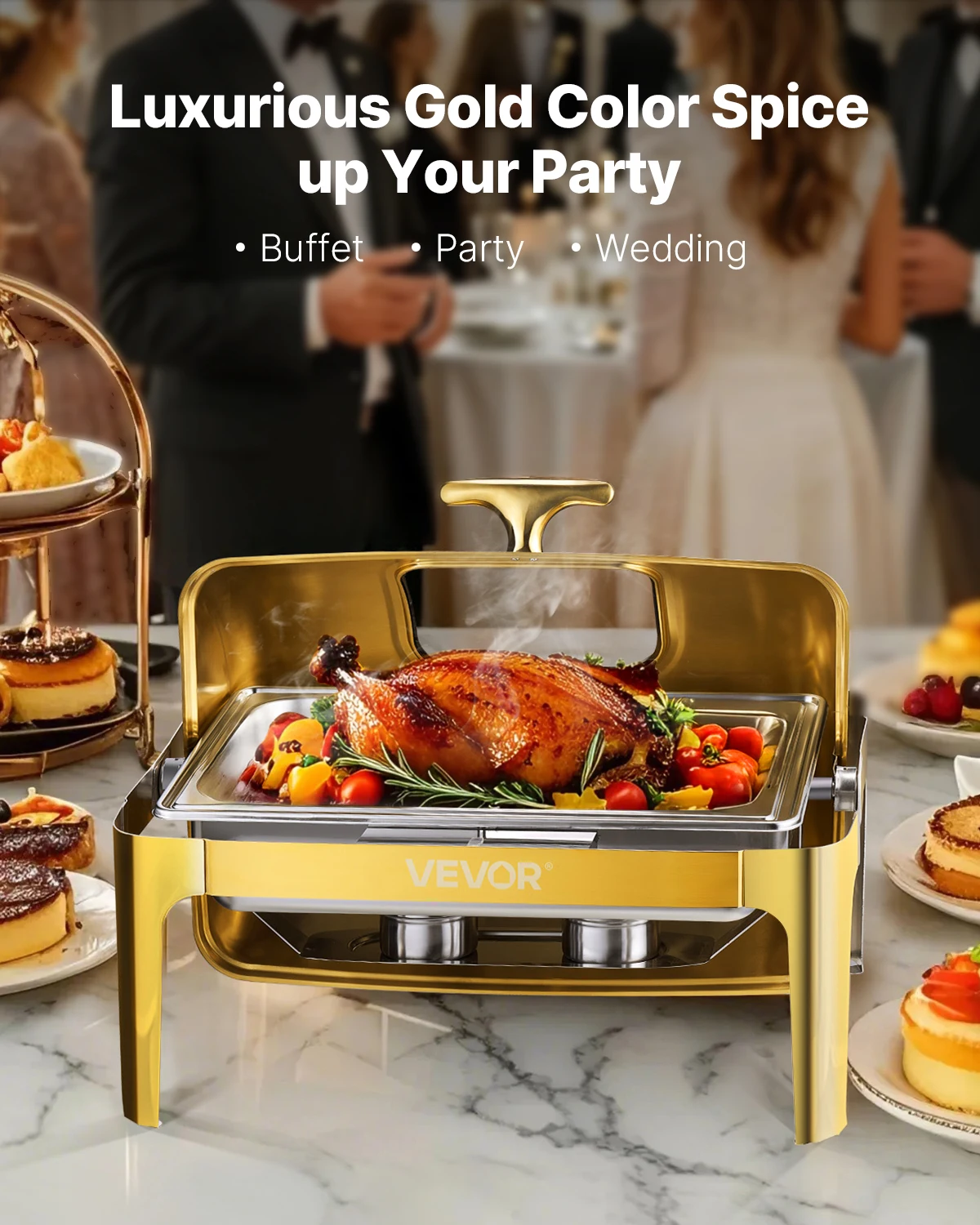 SucceBuy 9Qt Roll Top Chafing Dish Buffet Stainless Steel Chafer with Full Size Pan Visible Lid Rectangle Catering Warmer Server 2