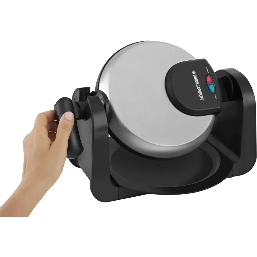 Stainless Steel Rotary Waffle Maker with Flip Handle Evenly Cooked Belgian Waffles Indicator Lights Compact Design Nonstick 4