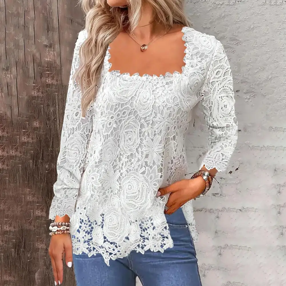 

Lace Long Sleeve Shirt Elegant Lace Hollow Out Long Sleeve Spring Shirt for Women Soft Breathable Square Neck Pullover T-shirt