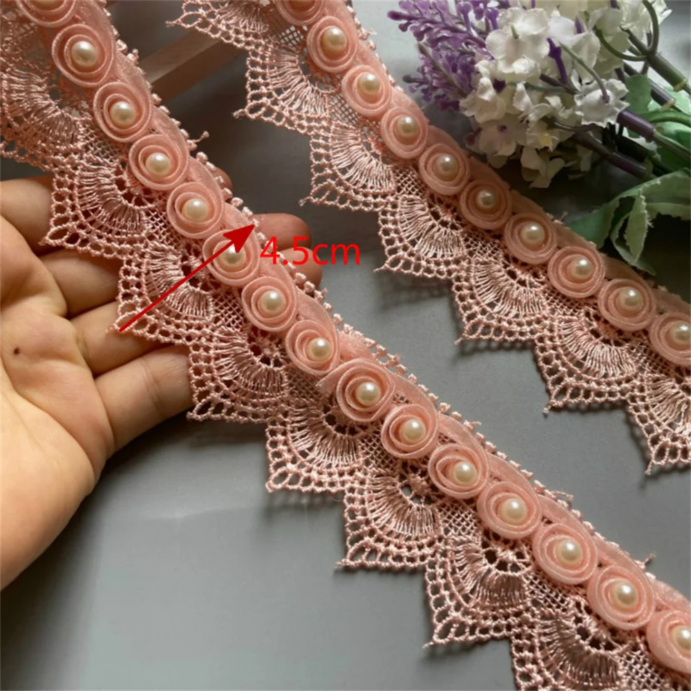 

2 Yard 4.5cm Ribbon Plum Flowers Pearl Lace Trimmings Ribbons Beaded Lace Fabric Embroidered Sewing Wedding Dress Clothes New