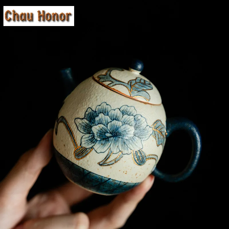 160ml Blue And White Flint Red Teapot Handmade Gold Drawing Peony Flower Pot Tea Maker Egg Shape Kettle Chinese Tea Set Ornament