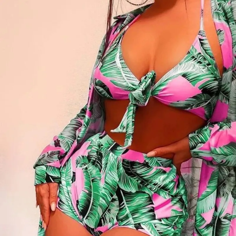 2023 Fashion  New Swimsuit Green Floral Sexy Three-Piece Set Draw Rope Lace-Up Designer Style Bikini Soak In Hot Spring