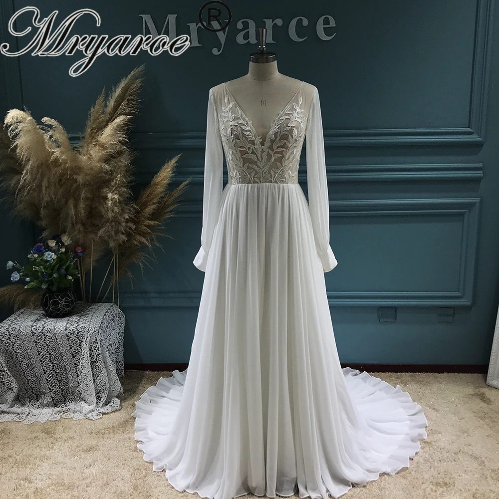 Mryarce Elegante lange Chiffon-Brautkleider mit Puffärmeln und Spitzenapplikationen in A-Linie, Brautkleider mit V-Ausschnitt