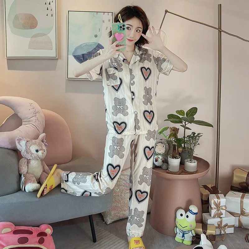 Summer Ins Cotton Pajamas Women's Cartoon Short-Sleeved Trousers Cardigan Sweet Casual Loose Luxury Home Wear Pj Sets for Women