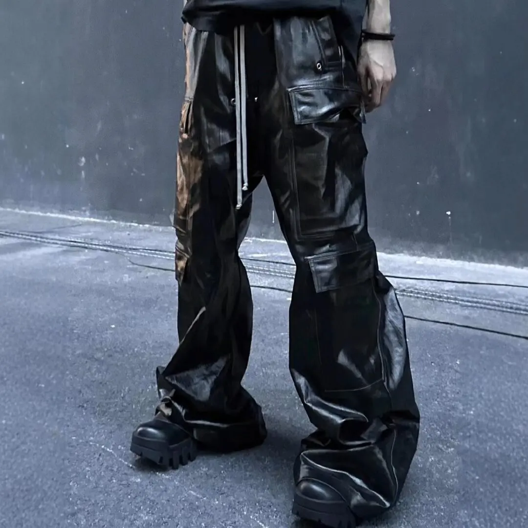 Men Cargo Pants Cool Black Shiny Reflective Pu Leather Wide Leg Pants for Men Drawstring Waist Casual Loose Gothic Men's Trouser