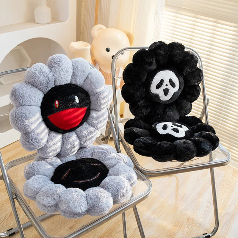 40x40cm Darkness Grey Black Sunflower Seat Cushion Evil Skeleton Round Flower Plant Plush Pillow Indoor Floor Sofa Decor Gift 5