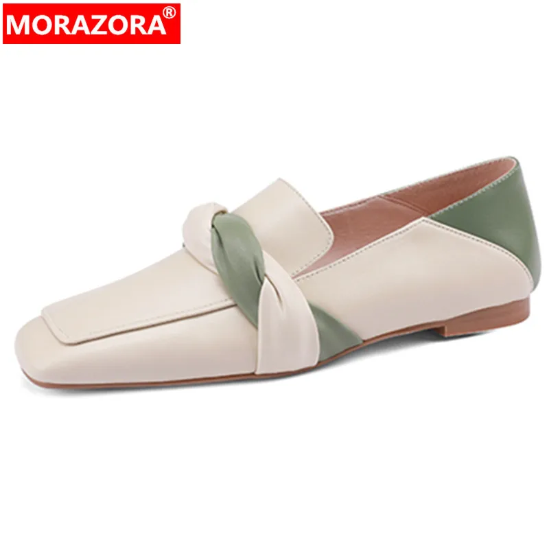

MORAZORA 2024 New Slip On Genuine Leather Shoes Woman Mixed Colors Shallow Ladies Pumps Fashion Square Low Heels Single Shoes