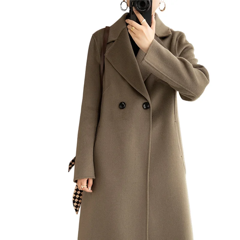 

Lafarvie Women Autumn Winter Thick Cashmere Wool Long V-Neck Long Sleeve Two Button Jackets Fashion Female Coats