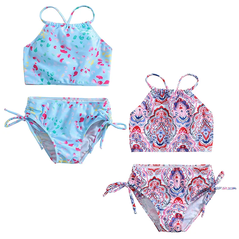 

Little Girl Bohemian Swimsuits Two-Pieces Printed Sling Tie-up Swimming Tops+Shorts Split UV Protection Swimwear for Baby Girls
