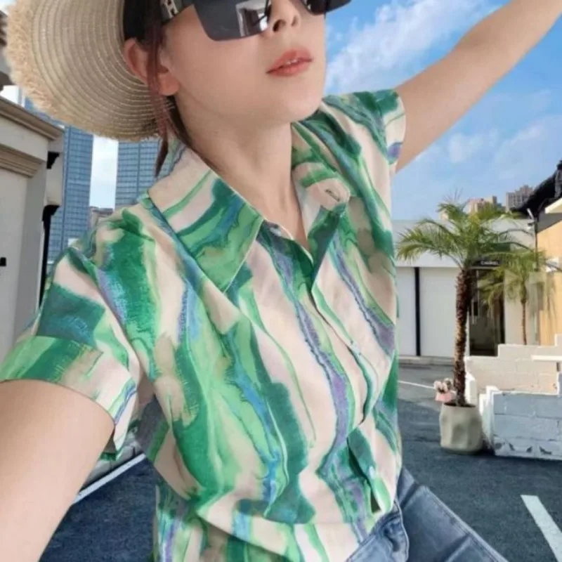 

Beachy Casual Summer New Loose All-match Blouse Women's Comfortable Polo Neck Button Tie Dye Printed Chiffon Short Sleeve Shirts