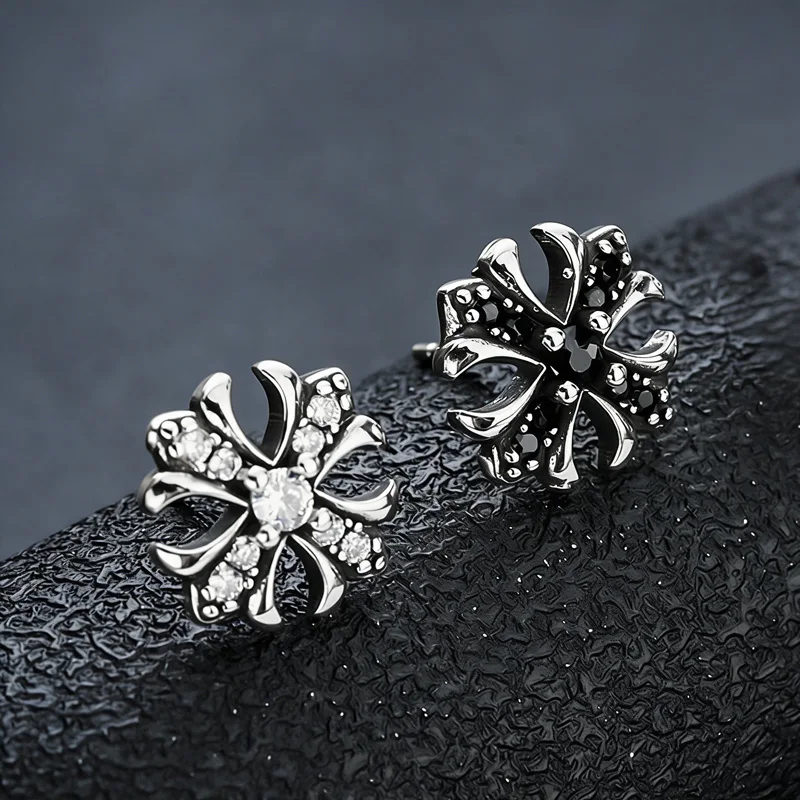 1Pair Gothic Vintage Cross Flower Shape Ear Stud Earrings for Men Women Inlaid Clear/Black Zircon Punk Rock Jewelry Gift 1