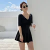 2024 One Piece Swimsuit Korea Style Black Dress Beachwear Cute Short Sleeve Slimfit Monokini Beach Bathing Suit Women Swimwear